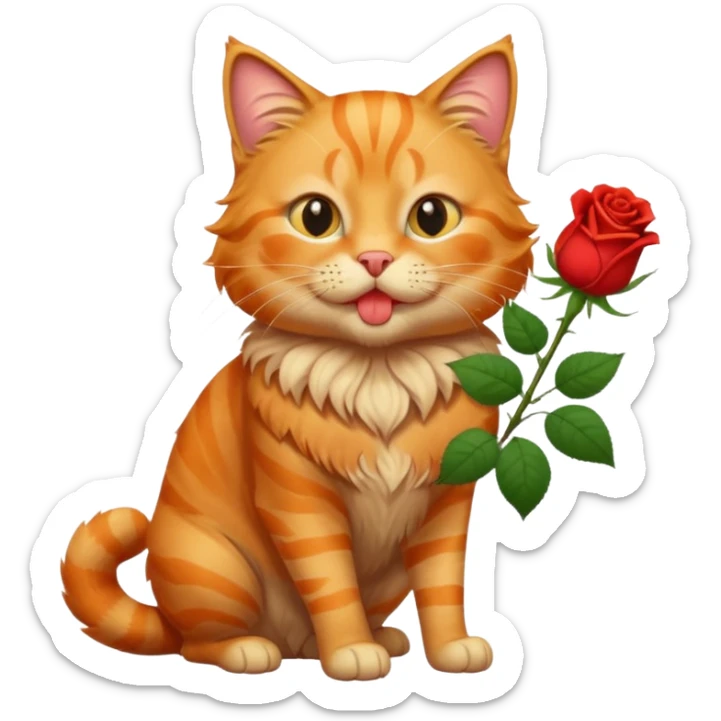 A fluffy, orange tabby cat fuul body, having a rose in it's mouth, and looked like he came from outside. sticker