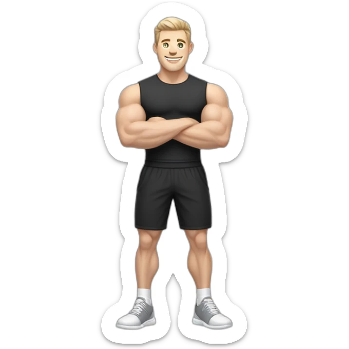 Joyful Pale skinned Fit Man With the biceps and dark brown hair in black shirt, gray sports shorts and white Sneakers sticker