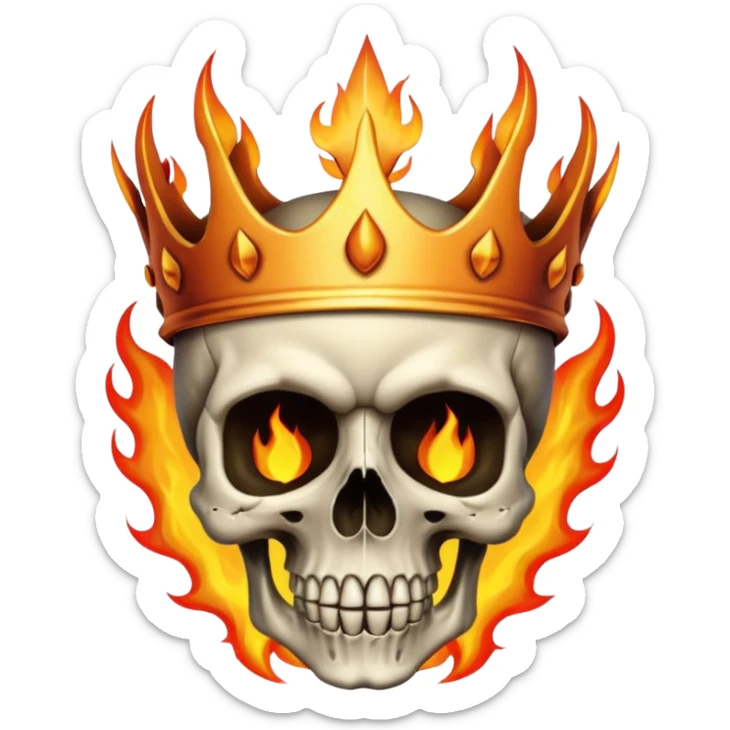 A detailed skull crowned by realistic flames, gothic metal aesthetic, high contrast, soft neutral background, subtle shadow, emoji-style icon, clean edges, digital illustration. sticker