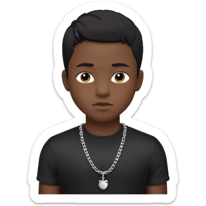 Generate a emoji of a black boy with dark skin, wearing a black compressed T-shirt, with short 4C black hair and make him wearing a silver chain, and make the chain thin sticker