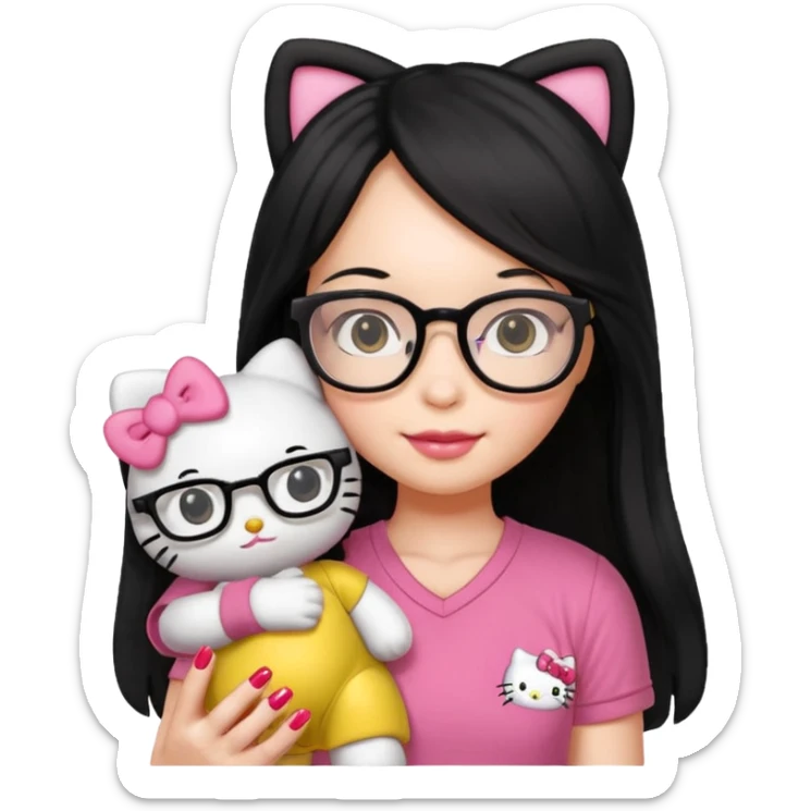 Nails cute with hello kitty wear glasses black long  hair, wear yellow shirt , red nails , big hello kitty doll sticker