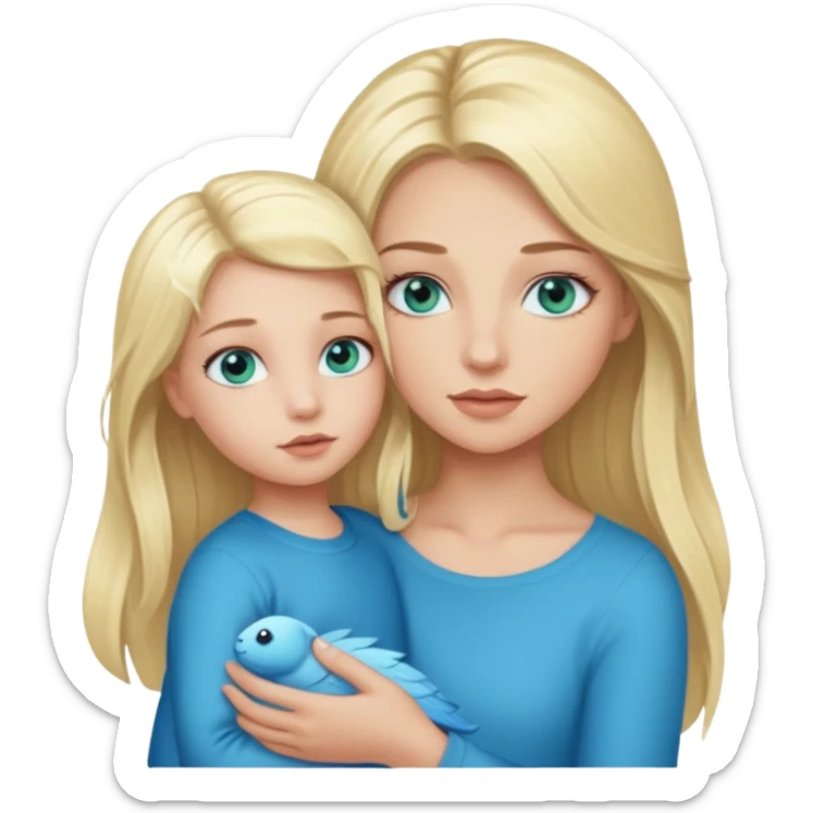 blonde baddie girl  with blue-green eyes, Long lashes, long hair, Holding her little Boy  with blue eyes sticker