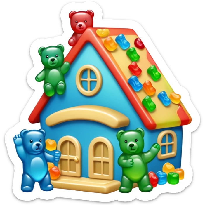 House of gummy with 3 gummy bears: blue gummy bear, green gummy bear and champagne gummy bear  sticker