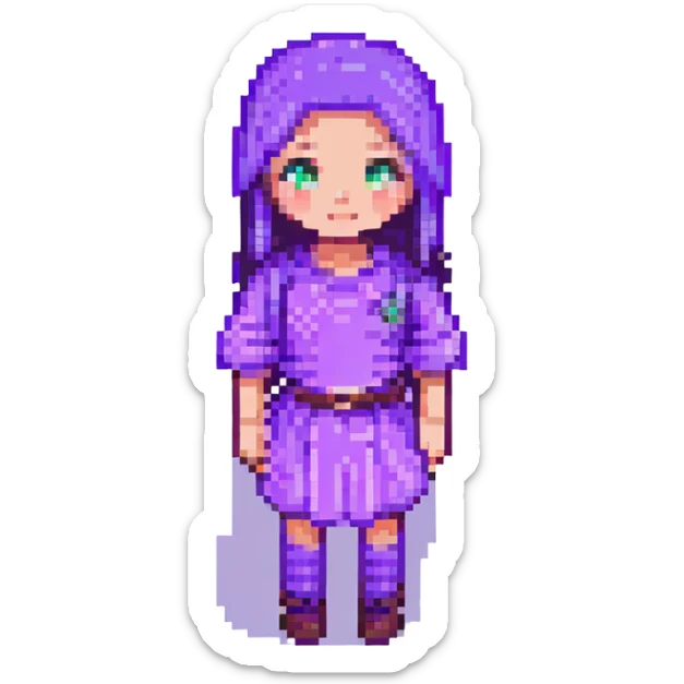 Change the girl's clothes to purple, keep the pixel art style, with no background. sticker