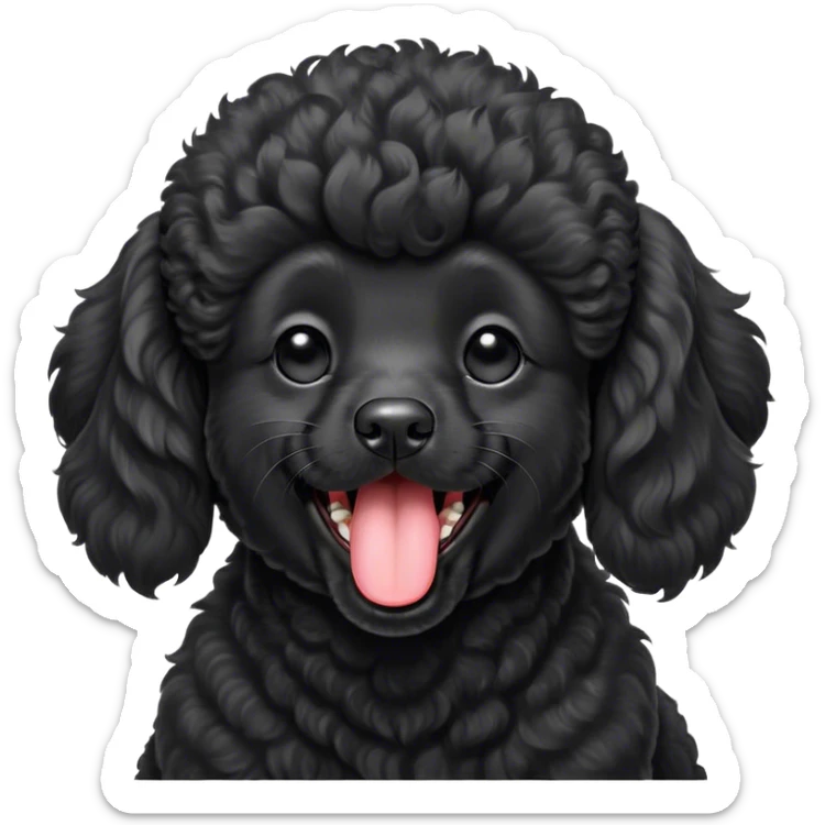 Cinematic Cute Yawning Black Poodle Portrait Emoji, Head tilted slightly with a dramatic, wide-open yawn, displaying a soft, curly jet-black Fur with a refined texture, floppy ears slightly drooping, round dark eyes barely open in drowsy contentment, Simplified yet irresistibly adorable features, highly detailed, glowing with a soft, cozy glow, high shine, relaxed yet expressive, stylized with a touch of whimsy, bright and endearing, soft glowing outline, capturing the essence of a sleepy yet affectionate companion, so drowsy it feels like it could stretch right out of the screen and curl up for a nap! sticker