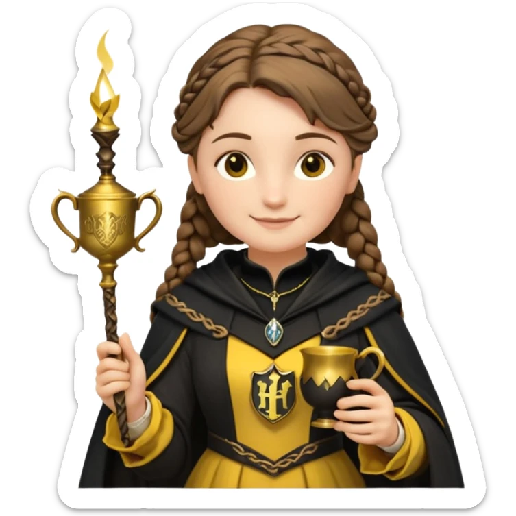 Helga Hufflepuff,the Hogwarts founder of Hufflepuff,brown-haired,2braids,yellow-black medieval dress with black cloak decorated with gold braiding,flickering magic wand and tiny two-handled shiny gold cup engraved with the badger silhouette,very kind smile,curvy busty sweet sticker