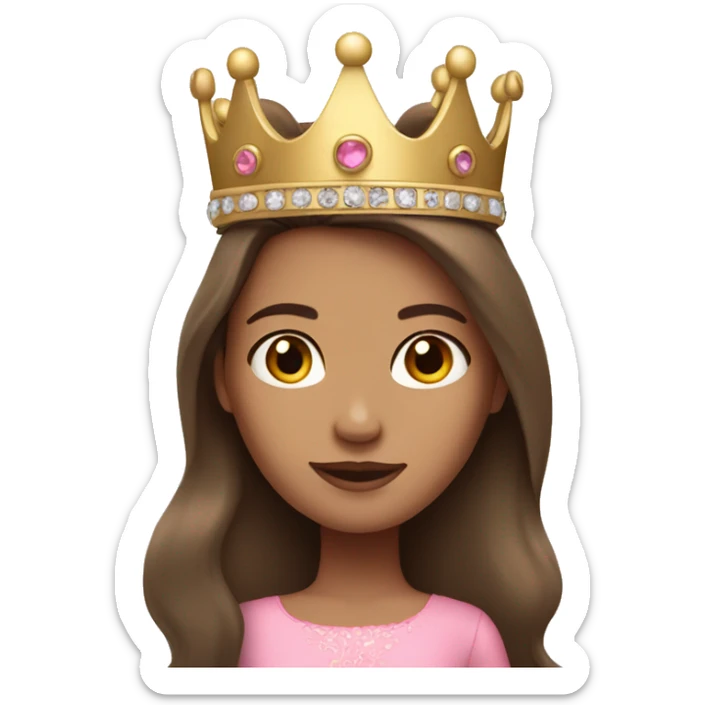 long brunette hair girl light skin with brown eyes wearing pink dress and crown  sticker