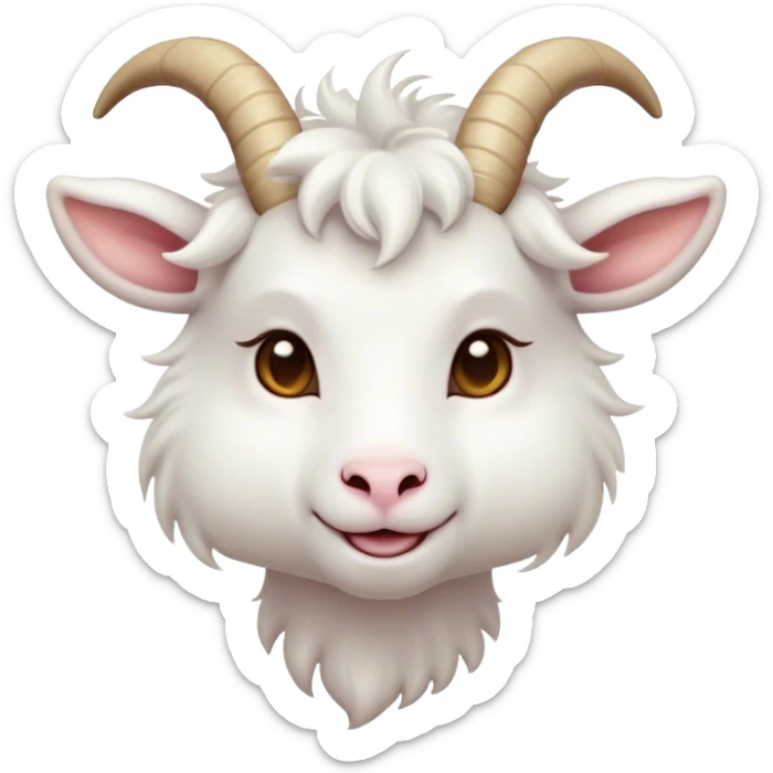 Cinematic Cute White Goat Portrait Emoji, Head tilted playfully and inquisitively, featuring a fluffy, immaculate white fur with charming curved horns, round, sparkling eyes filled with gentle curiosity, Simplified yet irresistibly adorable features, highly detailed, glowing with a warm, friendly glow, high shine, affectionate and lively, stylized with a touch of whimsical charm, bright and endearing, soft glowing outline, capturing the essence of a mischievous yet loving goat, so playful it feels like it could trot out of the screen and into your arms! sticker