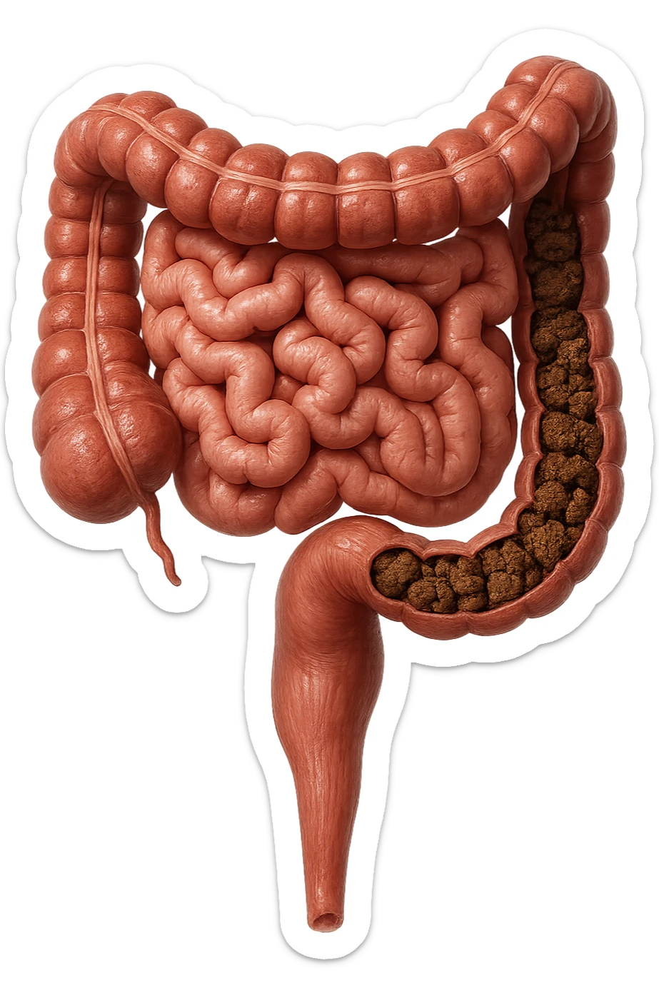 intestino umano anatomico con colon pieno di feci spezzettate, iperrealistica 4k sticker