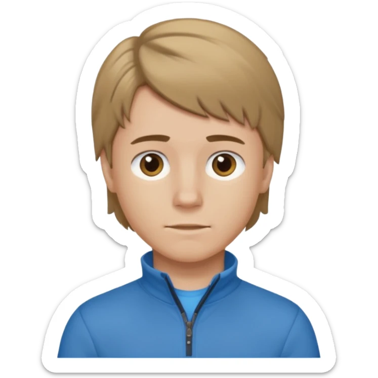 boy with dark blonde hair in a mullet with a neat blue undershirt and brown quarter zip sticker