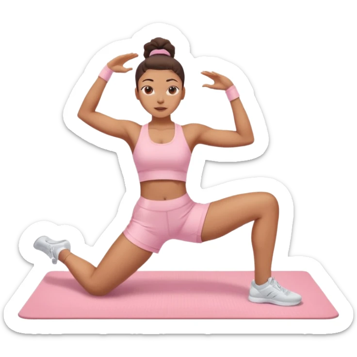 Mixed-race athletic woman with caramel skin, slim thick figure, wearing pastel pink workout shorts and white sneakers, stretching on a yoga mat sticker