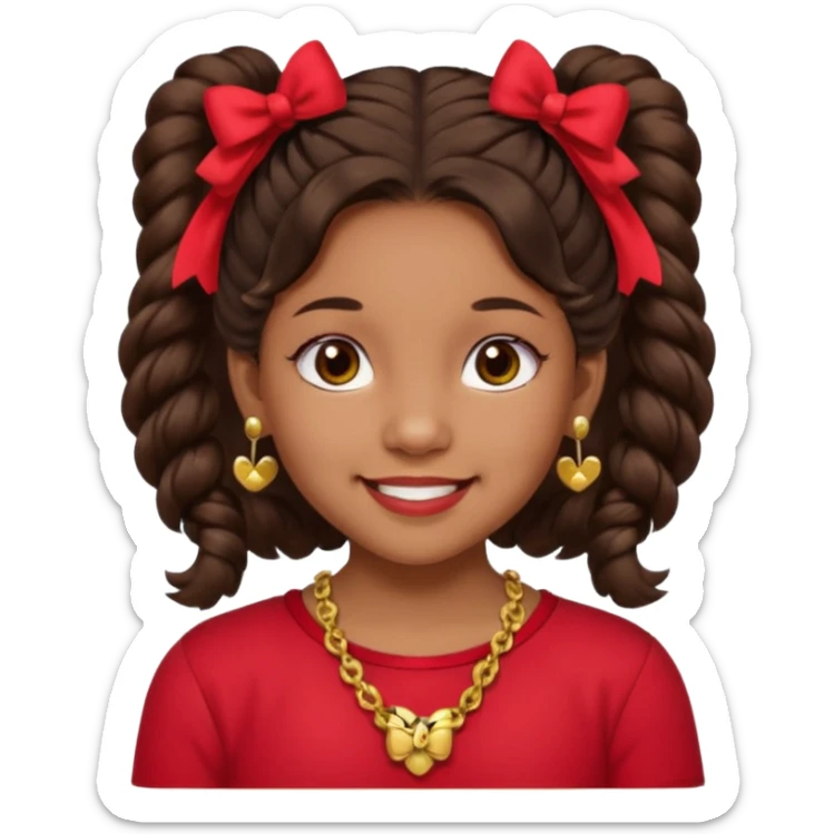 Brownskin girl dark brown hair fluffy. pigtails with red bows brown eyes smiling closed mouth red shirt gold esrrings gold necklace sticker