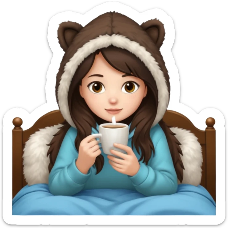 a brunette girl sitting cozily in her bed and a fur hoodie sipping coffee sticker