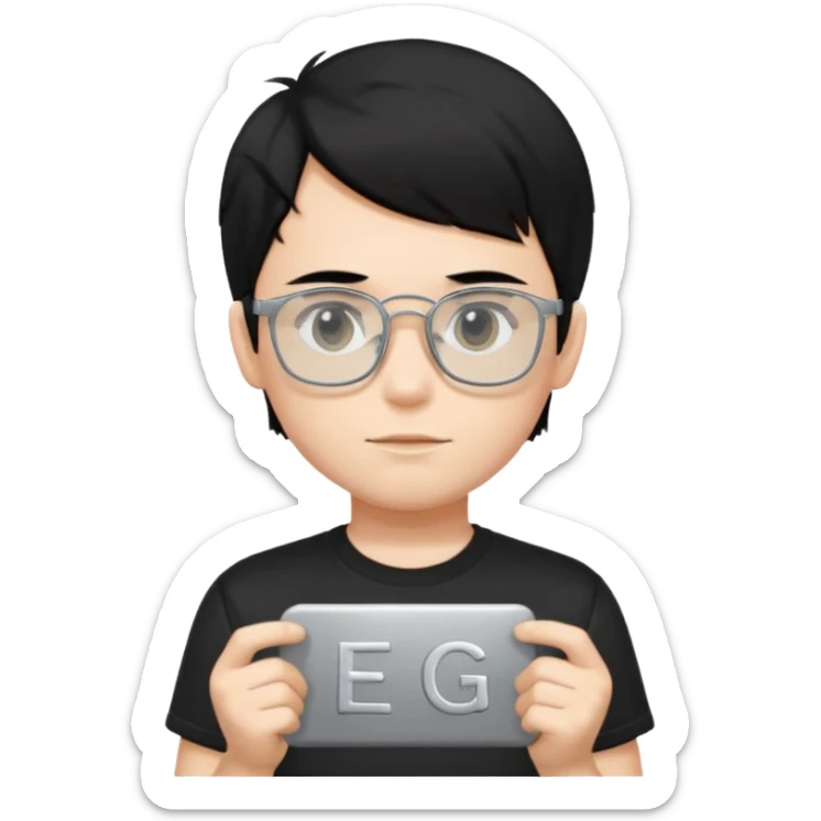 a boy wearing black t-shirts with the letters 'EDG', has fluffy short black hair and silver rectangular glasses sticker