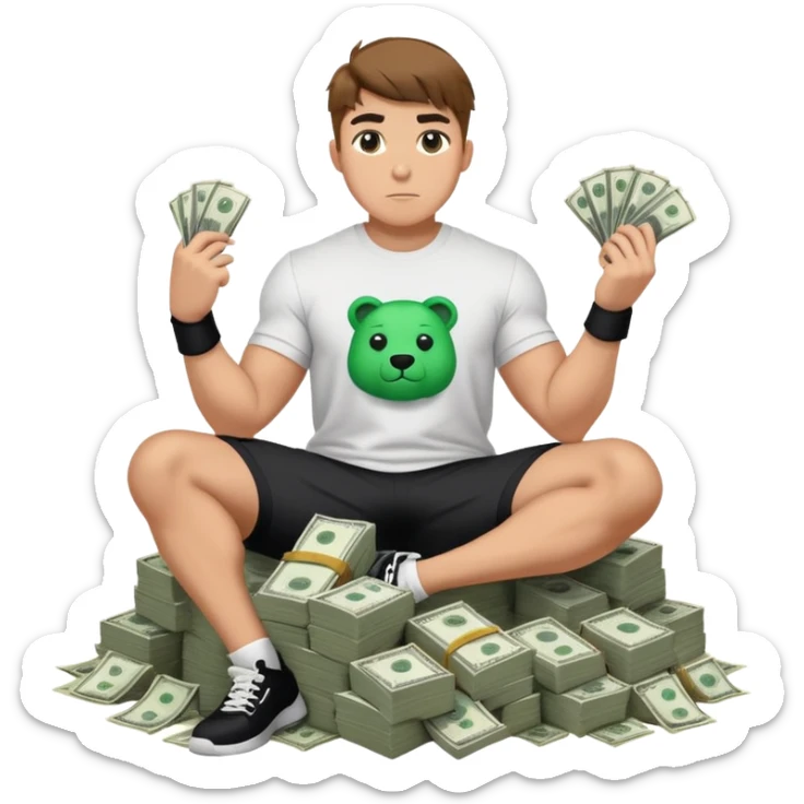 Mrbeast with a Mr beast shirt flexing his money sitting on a pile of cash sticker