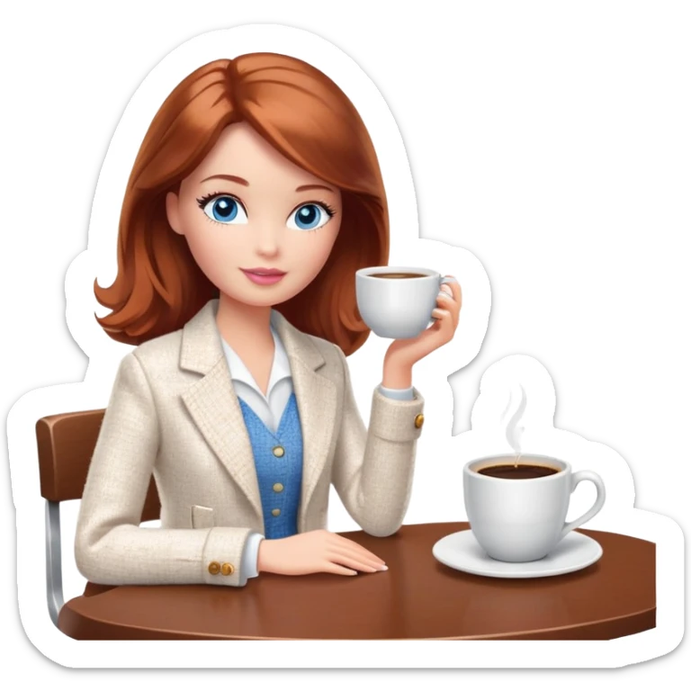 A Barbie girl with blue eyes, shoulder-length reddish-brown hair, made-up, wearing a white tweed jacket and a white skirt, is sitting at a table with a cup of coffee in her hands sticker