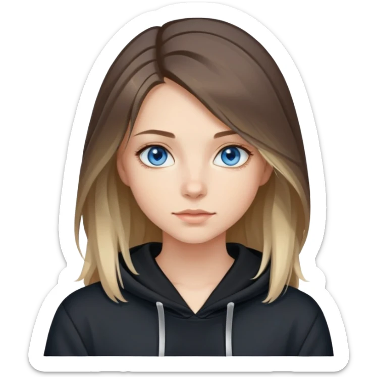 girl with blue eyes, shoulder-length hair with balayage highlights, wearing a black hoodie sticker