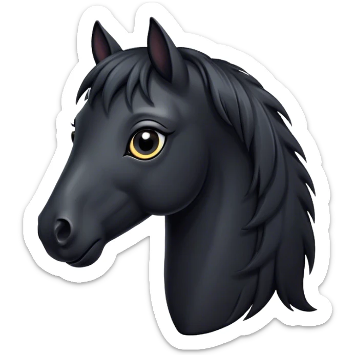 Cinematic Cute Black Horse Portrait Emoji, Head tilted playfully and inquisitively, showcasing a glossy black fur with a striking sheen and expressive dark eyes filled with curiosity, Simplified yet irresistibly adorable features, highly detailed, glowing with a warm, friendly glow, high shine, affectionate and spirited, stylized with a touch of whimsy, bright and endearing, soft glowing outline, capturing the essence of a mischievous yet loving horse, so playful it feels like it could trot out of the screen and into your arms! sticker