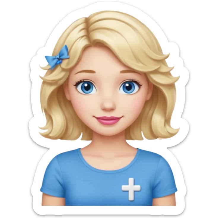 Girl Blonde short wavy hair,  blue eyes, cute blue top, long lashes, pink lips, smiling, cross arms  sticker