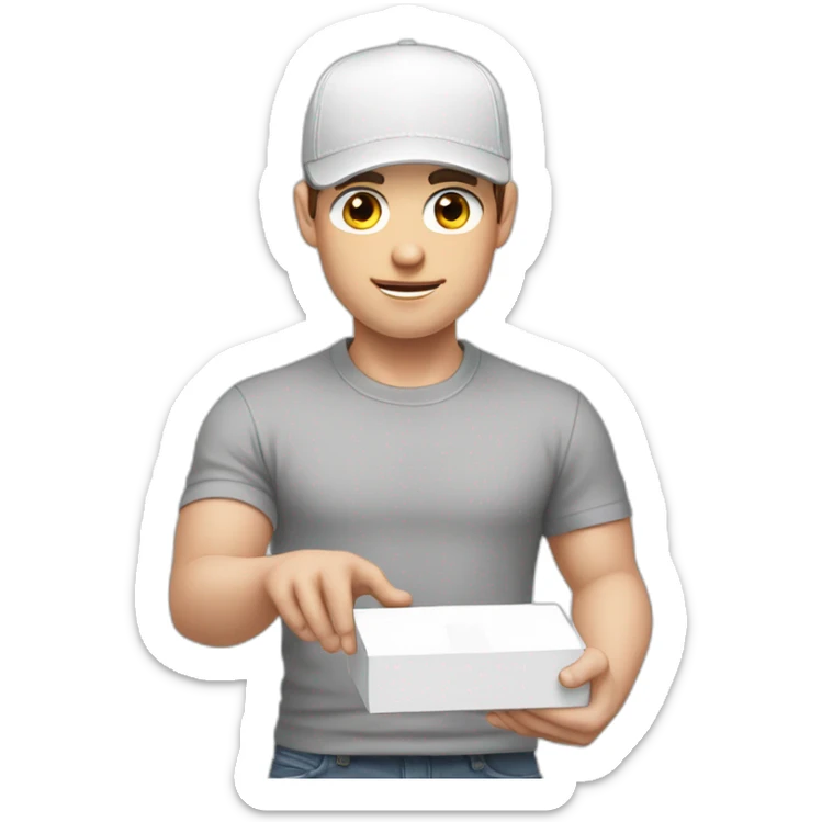 Pale skinned fit Man with dark brown hair in a white cap, gray jeans and gray polo T-shirt keeping a pasted with tape white box into his hands sticker