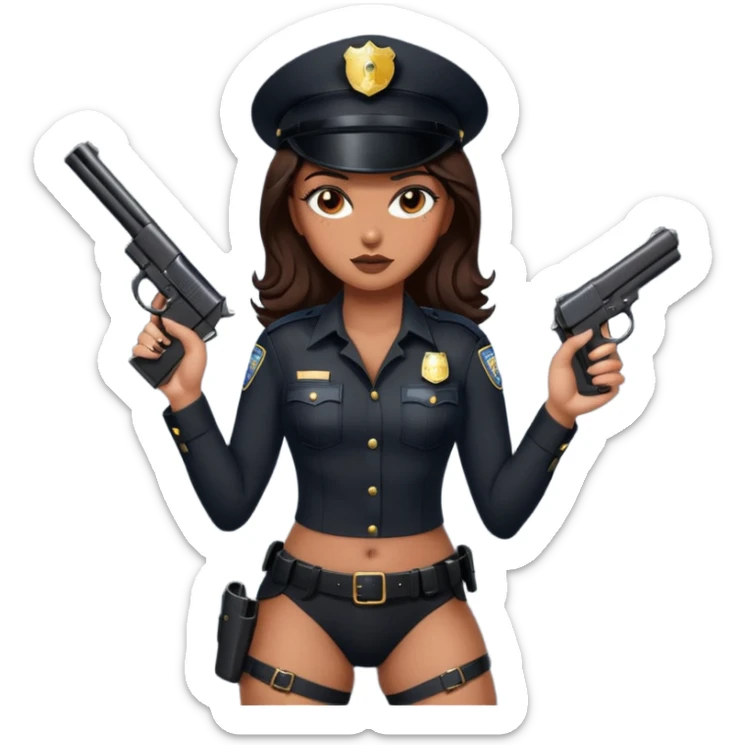 A sexy girl. with caramel skin. Dark brown hair and brown eyes. She has freckles. Wearing sexy makeup. Dressed as a sexy cop. wearing lingerie. Wearing heels. Holding a gun sticker