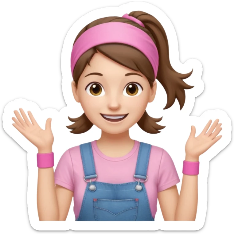 white woman with brown hair  tied together with one elastic pony tail. wearing a light pink thin width headband, Has a pink t-shirt with denim overalls. enthusiastic expression with big smile sticker