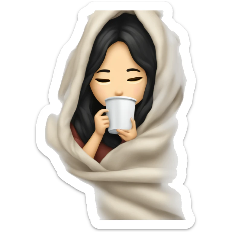 Asian girl inside a blanket sipping coffee eyes closed black hair sticker