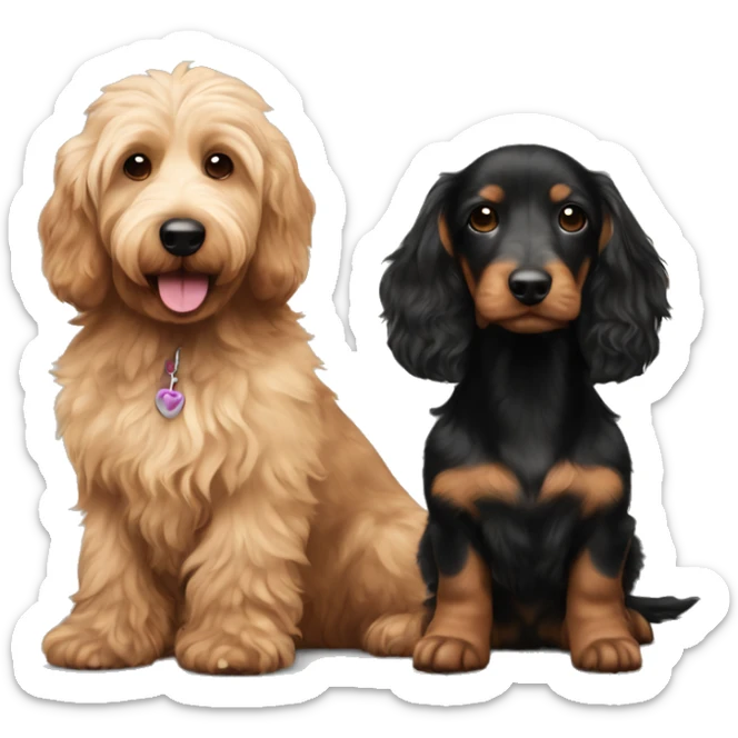 Brown golden doodle and black and tan and cream longhair dachshund sitting together  sticker