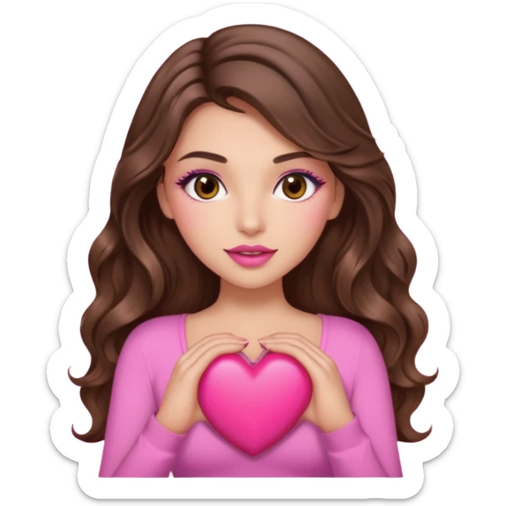 girl with long wavy brown hair, brown eyes, long lashes makeup, sexy pink lips, light to medium complexion, wearing a pink sexy top, holding a big heart sticker