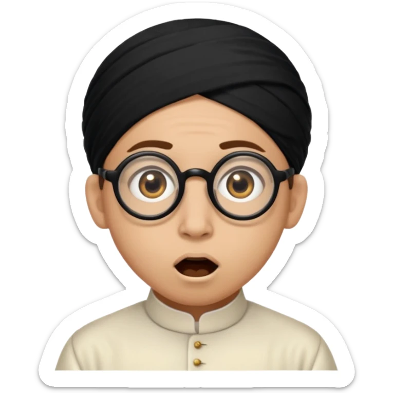 A person with light skin tone, wearing a traditional white ghutra with a black agal, large brown eyes, round glasses, and an open mouth showing a surprised or shocked expression. sticker