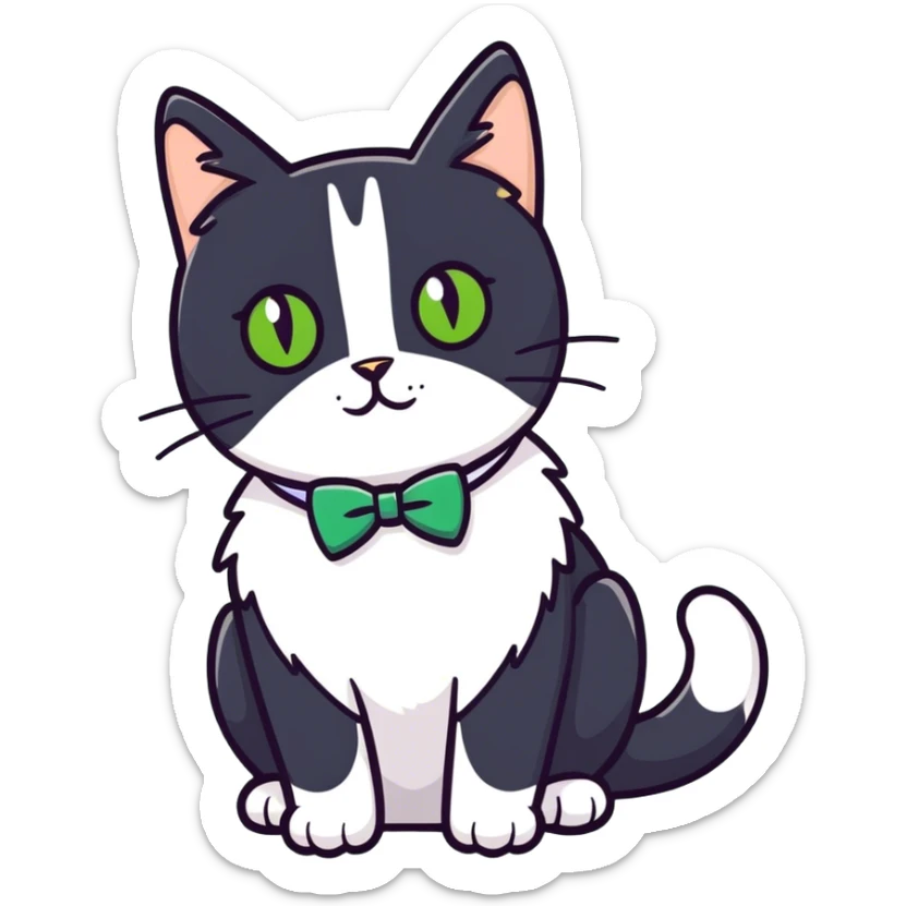 Female Tuxedo domestic short hair, more white than black similar to a cow, green/gold eyes, no bowtie sticker