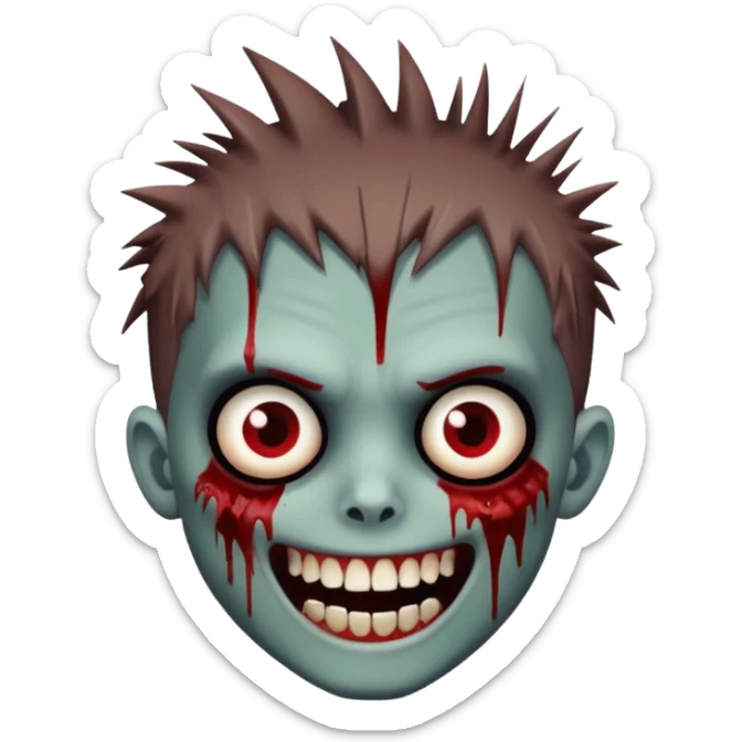 zombie boy with brown emo spiky hair, white skin, and white eyes; an open smile, and bloodied teeth; sticker