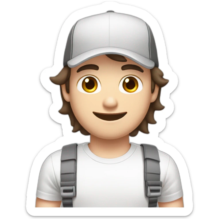 Pale skinned fit Man with dark brown hair in a white cap, gray jeans and gray polo T-shirt keeping a pasted with tape box into his hands sticker