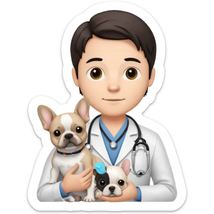 joven médico con el pelo un poco largo pero no tanto y lacio, que tenga un estetoscopio de color de tez negra que sostiene un bulldog francés blanco sticker