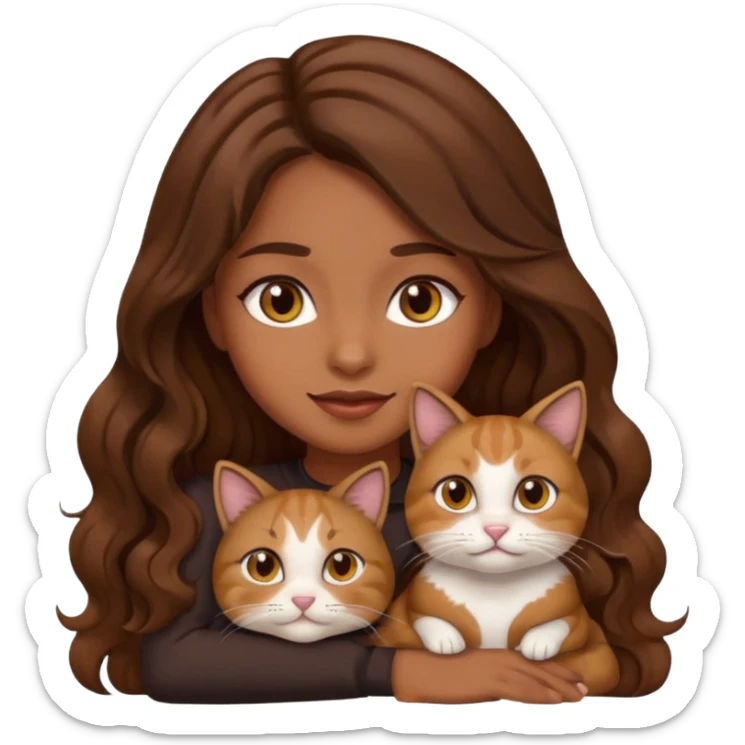 a girl with long wavy brown hair and brown eyes sitting with a cat, emoji style sticker