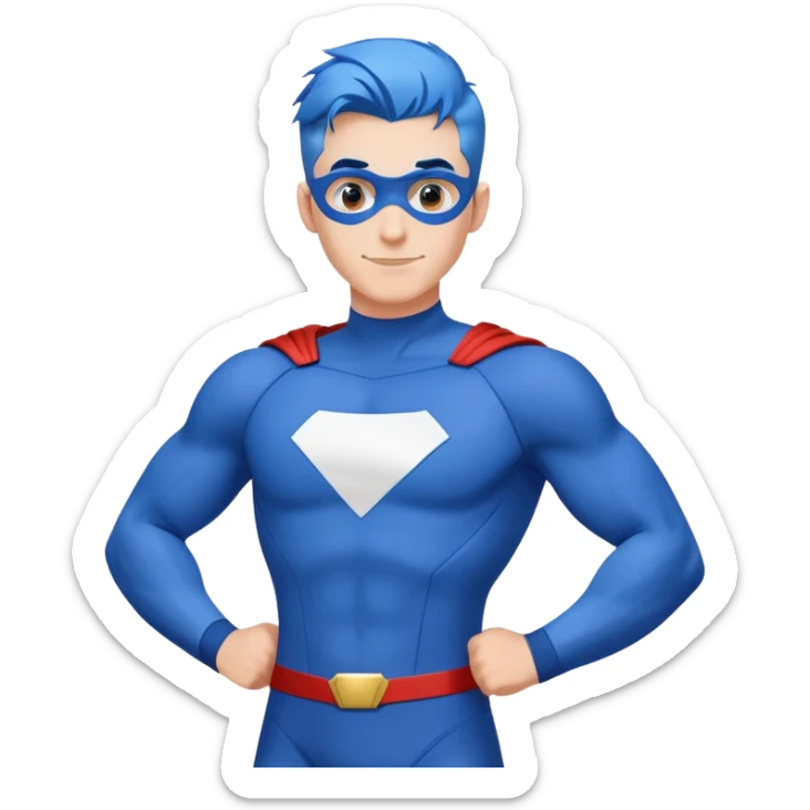 Emoji of a friendly, clean-shaven man with blue hair in a bold blue and white superhero suit. The suit is prominent, with minimal details and a large blank chest area for a logo. Cheerful expression, minimalist style. sticker