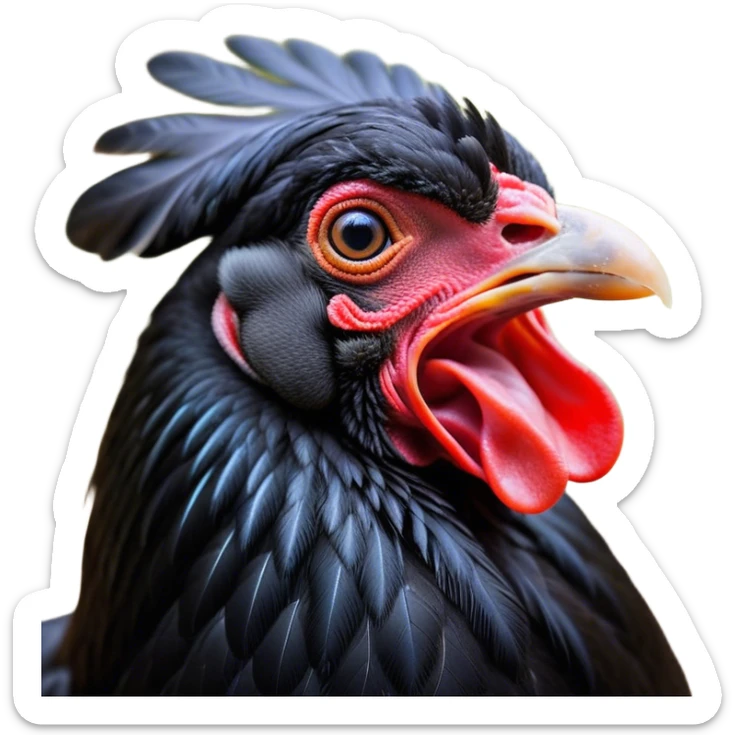 Cinematic Cute Yawning Black Chicken Portrait Emoji, Head tilted slightly with a dramatic, wide-open yawn, showcasing a soft, glossy black plumage with subtle hints of iridescence and a distinctive red comb, floppy wings slightly drooping, round beady eyes barely open in drowsy contentment, Simplified yet irresistibly adorable features, highly detailed, glowing with a soft, cozy glow, high shine, relaxed yet expressive, stylized with a touch of whimsy, bright and endearing, soft glowing outline, capturing the essence of a sleepy yet affectionate chicken, so drowsy it feels like it could stretch out of the screen and curl up for a nap! sticker