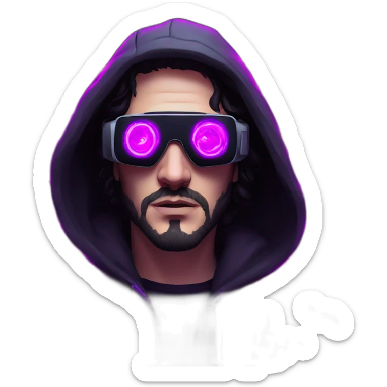 John Snow wearing a black hoodie with "OMG" letters on it and VR headset in a cyberpunk VR environment with violet neon lighting. sticker