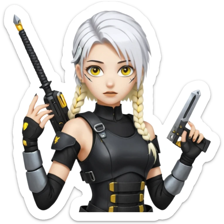  a closeup portrait of young woman with gold yellow eyes, white hair, long braid, black off-shoulder top d-cup, punk gothic style, futuristic cyberwave cyberpunk,  she has a plate carrier armor vest , and a old-style steel bulletproof combat helmet.  holding up a DAYZ combat knife sticker