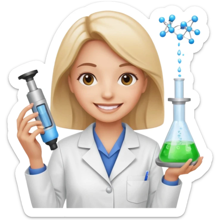 a woman in a laboratory coat, smiling and holding scientific equipment, symbolizing new cosmetic technology sticker