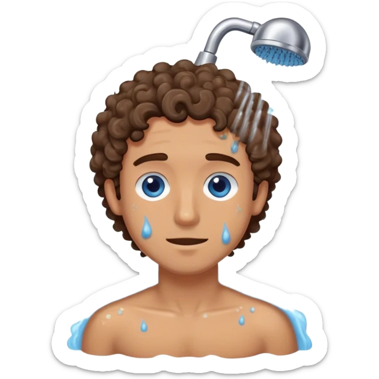 Man in shower scrubbing with soap and medium length curly brown hair and blue eyes olive skin sticker
