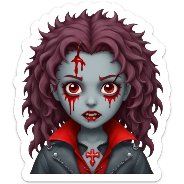 Vampire zombie girl with blood. Long brown curly hair Gray skin and spiky sticker