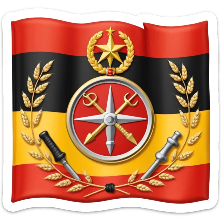 The flag of East Germany (the German Democratic Republic or GDR) consisted of the traditional German black, red, and gold horizontal tricolor, distinguished by a central emblem of a Centered in the red band, the national emblem featured a hammer, a compass, wreath of wheat. sticker