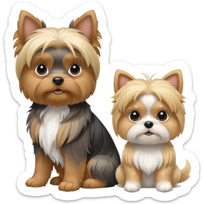 Generate a blue and tan purebred yorkie with a blonde shi tzu yorkie mix sitting next to each kther sticker