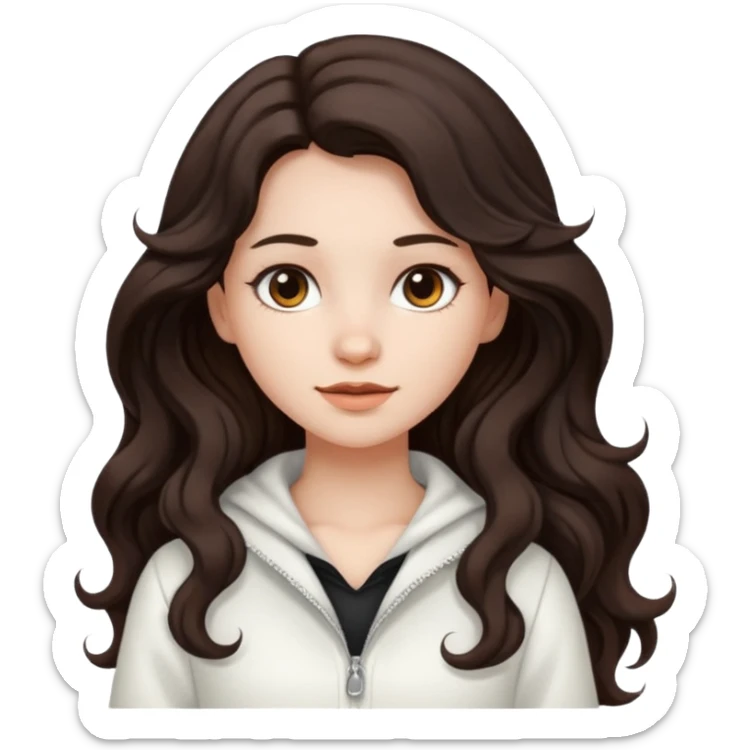 A girl in white with dark brown long wavy hair and very white skin sticker