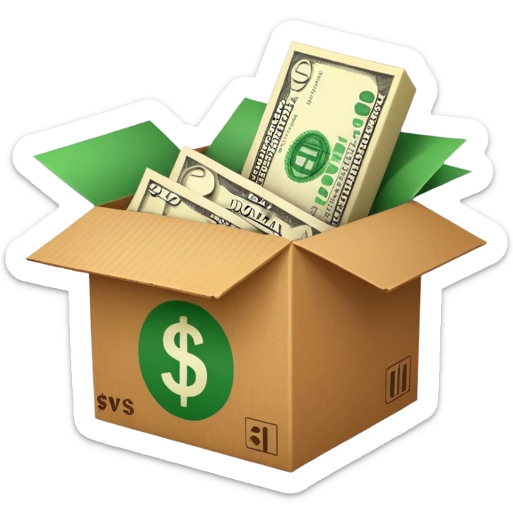 a shipping box with a single green cash bill with a dollar sign on it in front of it sticker