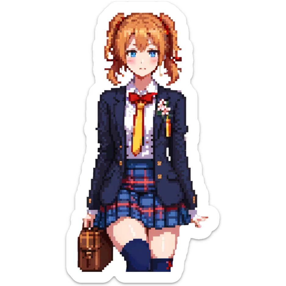 Honoka Kosaka from Love Live standing in Otonokizaka High School courtyard, orange side ponytail with yellow ribbon, blue eyes, navy blazer, red ribbon at collar, blue tartan skirt, black knee socks, brown loafers, cherry blossom petals floating, spring breeze, cheerful and determined expression sticker