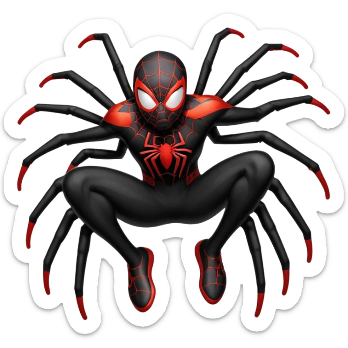 A stylized sticker of Miles Morales Spider-Man, urban graffiti art style, spray paint drips, neon accents. High contrast, cinematic lighting, thick white contour border, isolated on white background, sticker sheet aesthetic. sticker