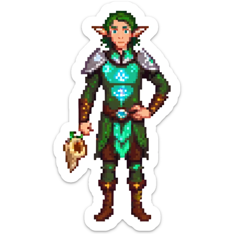 elf male Short wetsuit-style garb, glowing runes on skin, holding a conch horn. sticker