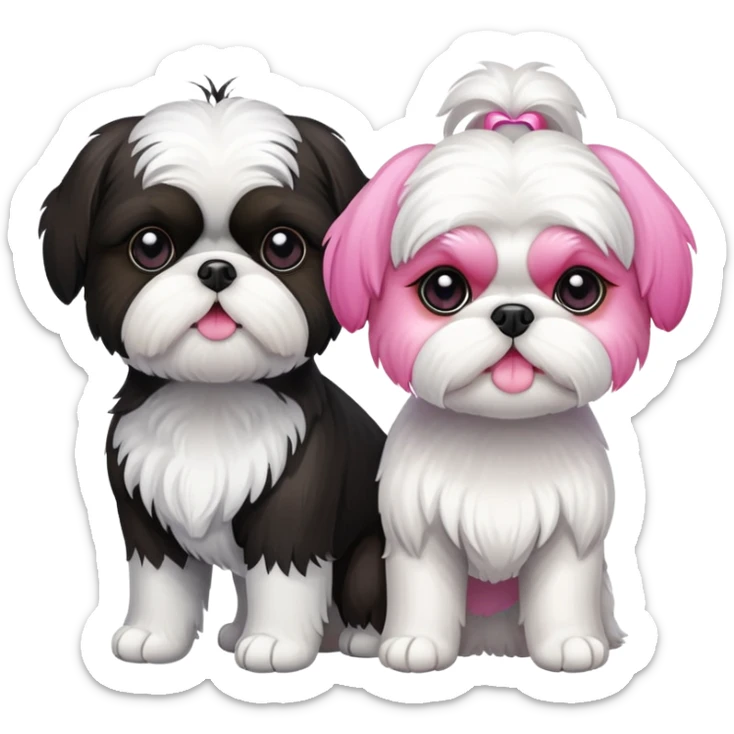 A black and white small shih tzu and a white shih tzu pink nose standing together sticker
